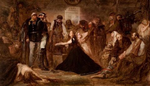 «Polonia, 1863», de Jan Matejko, 1864, Museo Nacional, Cracovia. En la imagen se representan las consecuencias del fallido levantamiento de enero de 1863. Los cautivos esperan la deportación a Siberia. Oficiales y soldados rusos supervisan a un herrero poniéndole grilletes en una mujer, que representa a Polonia, la joven rubia a su lado a Lituania.