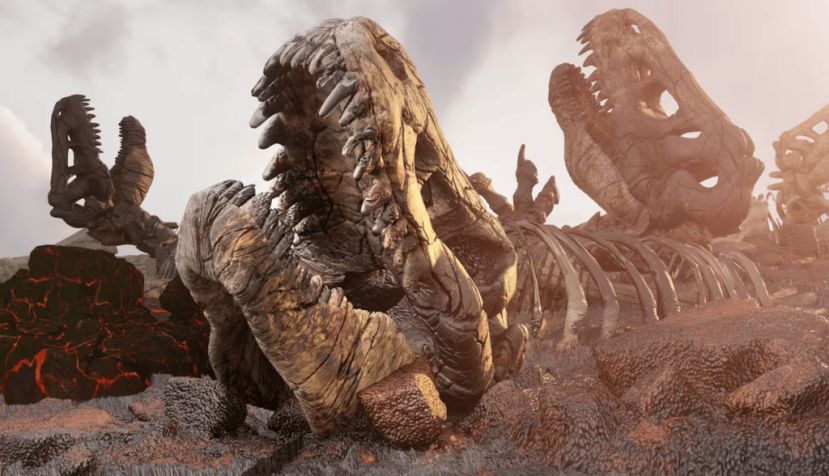 Recreación 3D de esqueletos de dinosaurios acumulados. Denis---S/Shutterstock