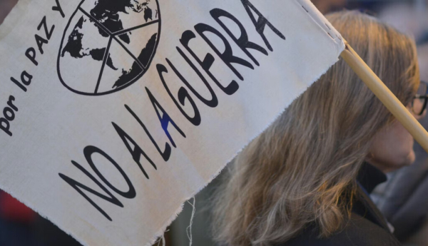 A protester’s sign reading ‘For peace and justice. No to war’ in Spanish, at a demonstration in Logroño on March 12, 2026. Www.mariomartija.es/Shutterstock