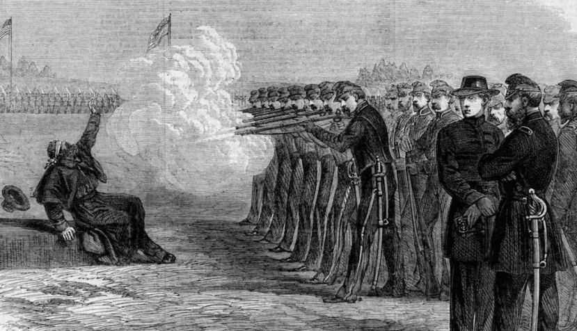 Ilustración de un desertor ejecutado por un pelotón de fusilamiento en el campamento federal de Alejandría durante la guerra civil estadounidense. Kean Collection/Getty Images