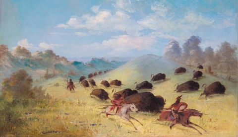 Comanche Indians Chasing Buffalo with Lances and Bows. Óleo sobre tela de George Catlin (entre 1846 y 1848). Colección de la Smithsonian Institution.