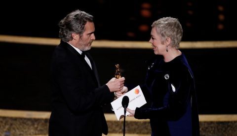 Joaquin Phoenix accepts his Oscar for Performance by an Actor in a Leading Role for 'Joker' during the 92nd annual Academy Awards ceremony at the Dolby Theatre in Hollywood, California, USA, 09 February 2020. EFE/EPA/ETIENNE LAURENT