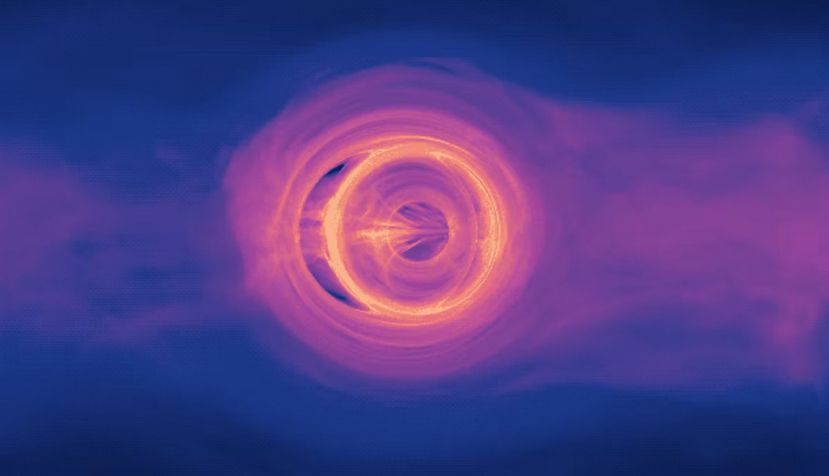 Imagen creada como simulación de una colisión de dos agujeros negros (NASA Goddard) NASA