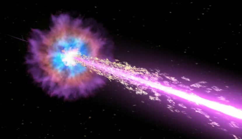 Los astrónomos creen que el estallido GRB 221009A representa el nacimiento de un nuevo agujero negro formado en el corazón de una estrella en colapso. NASA/Swift/Cruz deWilde
