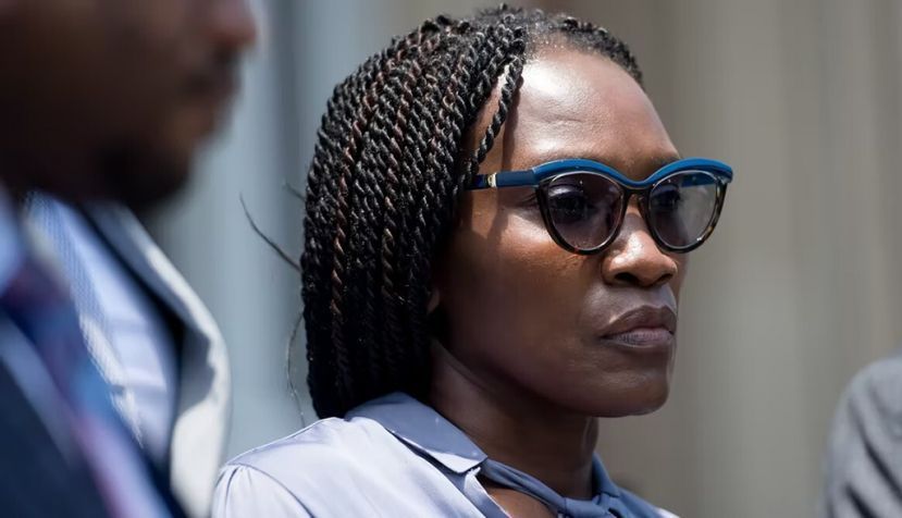Wanda Cooper-Jones, mother of Ahmaud Arbery, listens as attorneys speak outside the Glynn County Courthouse on July 17, 2020, in Brunswick, Georgia. Photo by Sean Rayford/Getty Images