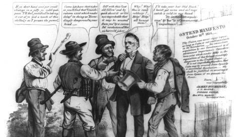 Una caricatura política representa a James Buchanan rodeado de matones usando citas del Manifiesto de Ostende para justificar su robo. La leyenda debajo dice "La Doctrina de Ostende". / Wikipedia.