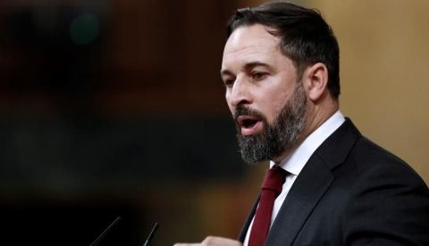 El líder de Vox, Santiago Abascal durante su intervención en la moción de censura de su partido al gobierno de coalición en el Congreso de los Diputados.