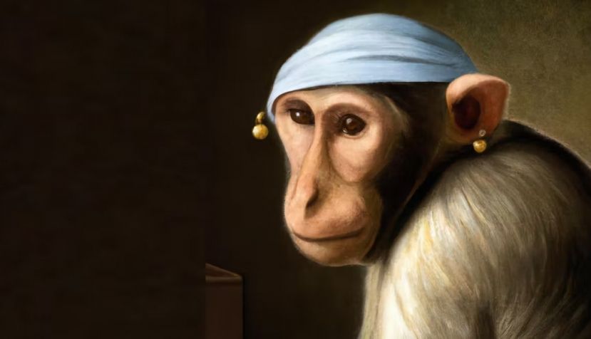 Un mono como La joven de la perla, de Johannes Vermeer creado por la IA DALL E en menos de treinta segundos