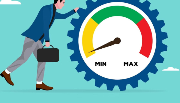  Ilustración de un trabajador que pone la mano sobre un engranaje que mide su rendimiento laboral. Vanz Studio/Shutterstock