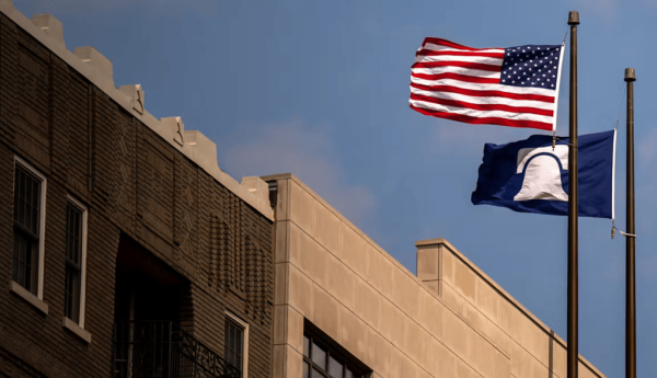 The Heritage Foundation flag flies over its building on July 30, 2024, in Washington, D.C. Andrew Harnik/Getty Images