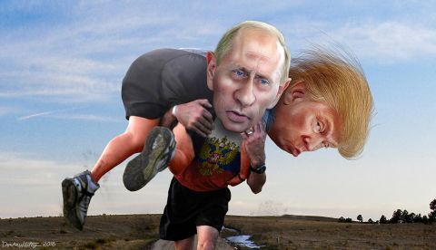 Donald Trump y Vladimir Putin en una caricatura de DonkeyHotey vía Flick.