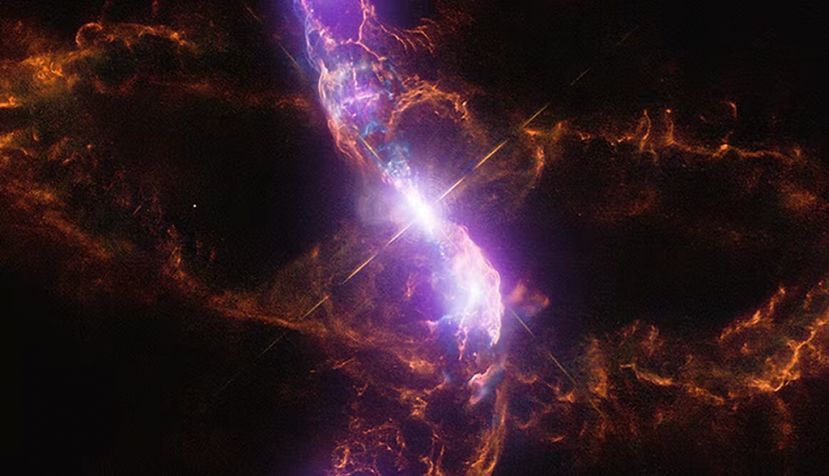 R Aquarii es una estrella simbiótica que se cree está compuesta por una enana blanca y una variable (gigante roja) llamada Mira, formando un sistema binario. Créditos de la imagen: X-ray: NASA/CXC/SAO; Optical: NASA/STScI, Palomar Observatory, DSS; Radio: NSF/NRAO/VLA; H-Alpha: LCO/IMACS/MMTF. NASA