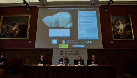 El director del SERP de la Universidad de Barcelona, Josep Maria Fullola (2i), la investigadora de ICREA, Inés Domingo (2d), y los investigadores Jordi Nadal (i) y Pilar-García Argüelles (d), han presentado este lunes el grabado hallado en una piedra de la excavación de L'Hort de la Boquera en el Priorat (Tarragona), una pieza de arte paleolítico que consideran "excepcional", de más de 12.500 años de antigüedad y que representa una extraña escena protagonizada por seres humanos y pájaros. EFE
