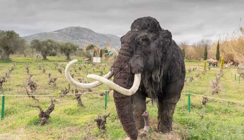 Recreación de un mamut en primer plano y dinosaurios al fondo, en el parque de dinosaurios de Atenas (Grecia). Shutterstock / Bill Anastasiou
