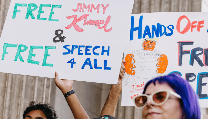 A crowd protests in Hollywood, Calif., on Sept. 18, 2025, after the suspension of the ‘Jimmy Kimmel Live!’ taping earlier in the day. David Pashaee / Middle East Images via AFP, Getty Images