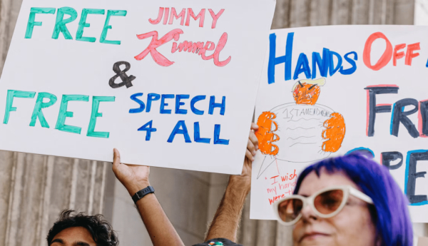 A crowd protests in Hollywood, Calif., on Sept. 18, 2025, after the suspension of the ‘Jimmy Kimmel Live!’ taping earlier in the day. David Pashaee / Middle East Images via AFP, Getty Images