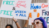 A crowd protests in Hollywood, Calif., on Sept. 18, 2025, after the suspension of the ‘Jimmy Kimmel Live!’ taping earlier in the day. David Pashaee / Middle East Images via AFP, Getty Images