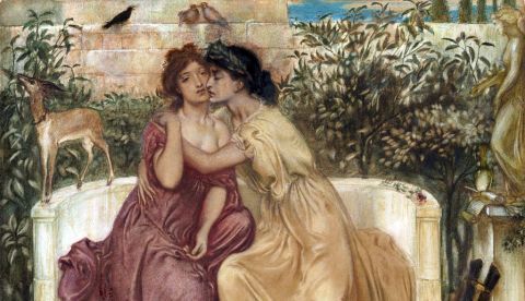 Safo y Erina en un Jardín en Mitilene por Simeon Solomon. El término lesbiana deriva de Safo de Lesbos. / Wikipedia