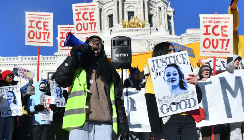 High school students gather for an anti-ICE protest outside the state capitol in St. Paul, Minn., on Jan. 14, 2026. Octavio Jones/AFP via Getty Images