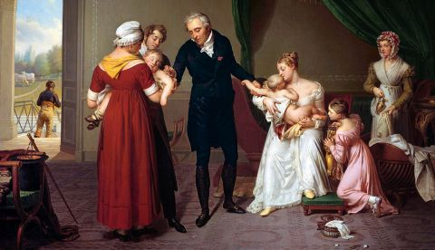 El médico Jean Louis Alibert vacuna a un niño siguiendo los pasos de Edward Jenner. Óleo por Constant Desbordes. 1820.