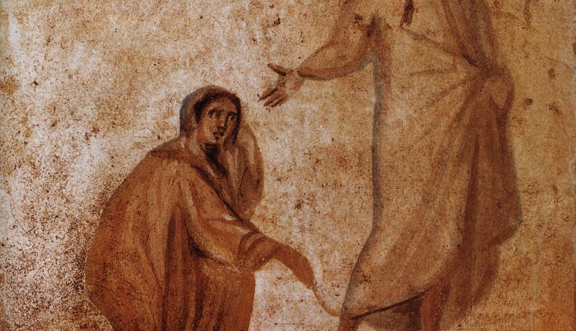 Cristo curando a una mujer sangrando , como se representa en las Catacumbas de Marcelino y Pedro. / Wikipedia.