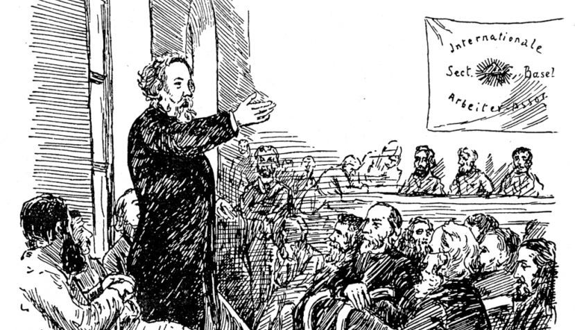 Bakunin hablando a los trabajadores de la AIT en el Congreso de Basilea, en Suiza. Grabado de 1869. / Wikipedia