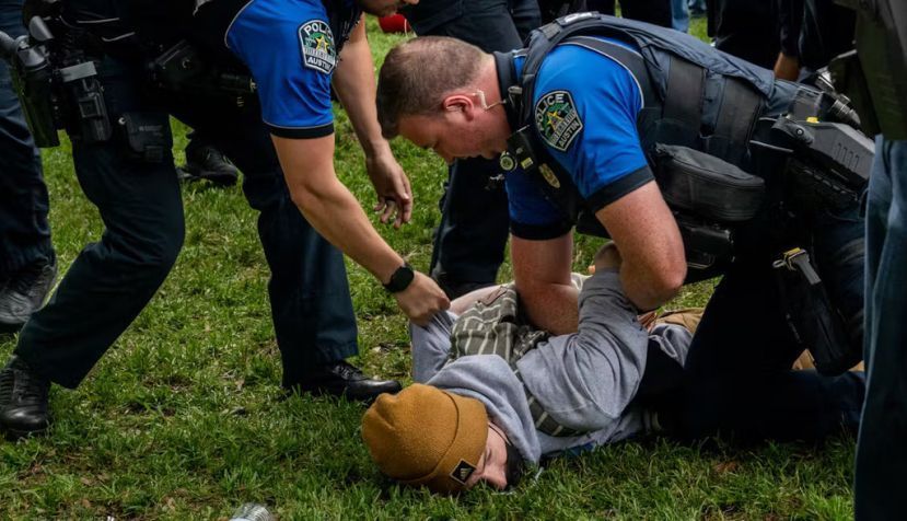  A student is arrested during a pro-Palestinian demonstration at the University of Texas at Austin on April 24, 2024. Brandon Bell/Getty Images