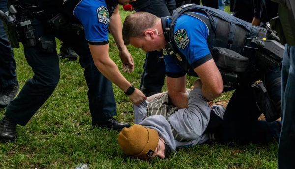  A student is arrested during a pro-Palestinian demonstration at the University of Texas at Austin on April 24, 2024. Brandon Bell/Getty Images