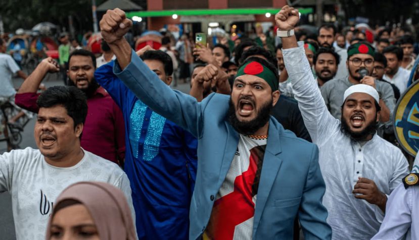 Activists in Dhaka protest the attack on the Bangladesh Assistant High Commission in Agartala, India. Rakibul Hasan Rafiu/NurPhoto via Getty Images