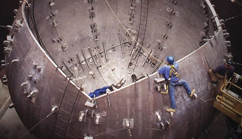 Ensamblaje de la cámara del reactor de fusión de confinamiento inercial del National Ignition Facility, ensamblada con paneles de aluminio de diez centímetros de grosor capaces de soportar haces de láser superpotentes. Lawrence Livermore National Laboratory , CC BY-NC-SA