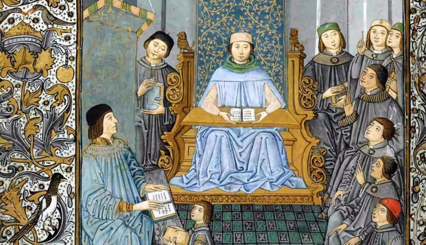 Antonio de Nebrija impartiendo una clase de gramática en presencia de D. Juan de Zúñiga. ‘Introducciones Latinae’, 1486. Biblioteca Nacional. Madrid. Wikimedia Commons / BNE