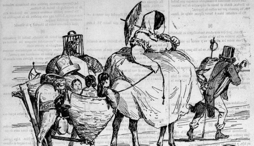 Caricatura publicada por la revista satírica Gil Blas el 4 de octubre de 1868, cuatro días después de que la reina Isabel II se viera obligada a marchar al exilio. Llevaba por título ¡A Francia!. / Wikipedia.