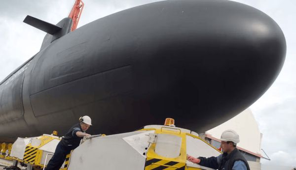 A nuclear submarine equipped with M51 sea-to-land ballistic missiles is seen in Cherbourg-Octeville, France on March 20, 2008. Jean-Paul Barbier / AFP
