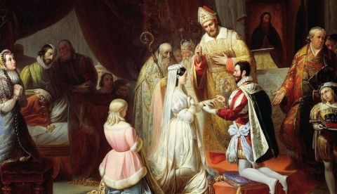 Boda de Manuel Filiberto de Saboya y Margarita de Francia, pintada en el siglo XIX por Francesco Gonin. Wikimedia Commons