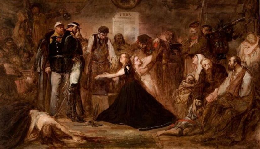 «Polonia, 1863», de Jan Matejko, 1864, Museo Nacional, Cracovia. En la imagen se representan las consecuencias del fallido levantamiento de enero de 1863. Los cautivos esperan la deportación a Siberia. Oficiales y soldados rusos supervisan a un herrero poniéndole grilletes en una mujer, que representa a Polonia, la joven rubia a su lado a Lituania.
