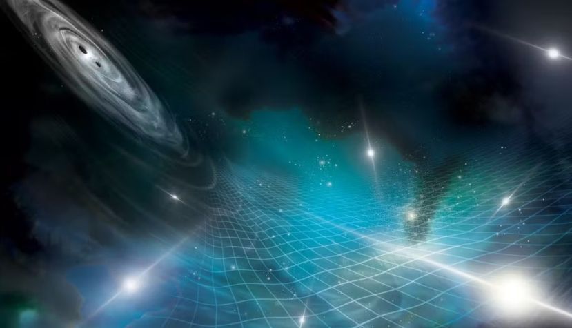 Recreación artística de púlsares afectados por ondas gravitacionales generadas por la fusión de dos agujeros negros supermasivos. Aurore Simonet / NANOGrav, CC BY-SA