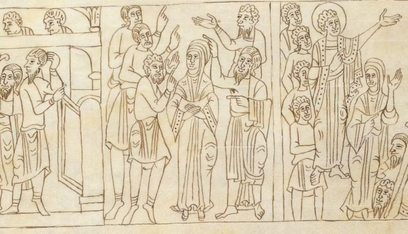 Episodio de Susana y los viejos. Biblia Sancti Petri Rodensis, BnF, Latin 6 (3), f. 66v. gallica.bnf.fr / Bibliothèque nationale de France